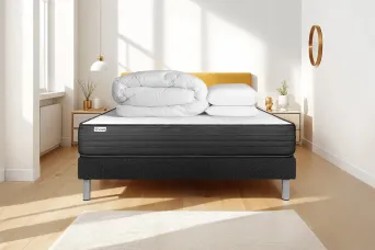 Pack lit complet 160x200 cm - Matelas + Sommier Noir (en kit) + 2 oreillers + Couette - Vitalpower