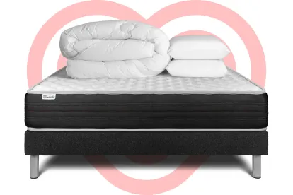 Pack lit complet 140x190 cm - Matelas + Sommier Noir (en kit) + 2 oreillers + Couette - Vitalmemo One