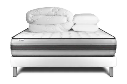 Pack lit complet 160x200 cm - Matelas + Sommier Blanc (en kit) + 2 oreillers + Couette - Vitalpower Recover
