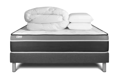 Pack lit complet 180x200 cm - Matelas + Sommier Gris (en kit) + 2 oreillers + Couette - Vital Care