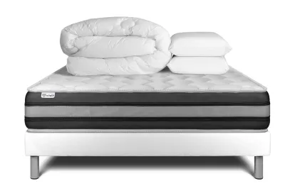 Pack lit complet 180x200 cm - Matelas + Sommier Blanc (en kit) + 2 oreillers + Couette - Vitalspring Zen