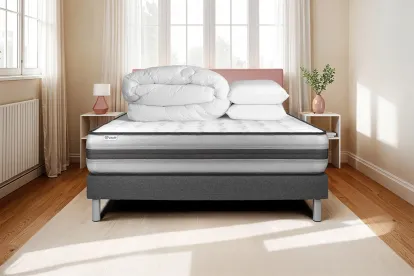 Pack lit complet 140x200 cm - Matelas + Sommier Gris (en kit) + 2 oreillers + Couette - Vitalpower Recover