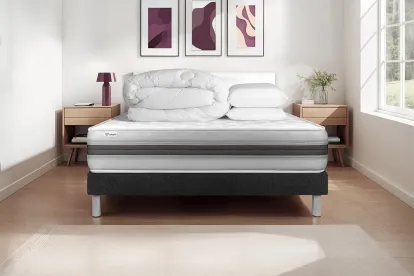 Pack lit complet 160x200 cm - Matelas + Sommier Noir (en kit) + 2 oreillers + Couette - Vitalmemo Back
