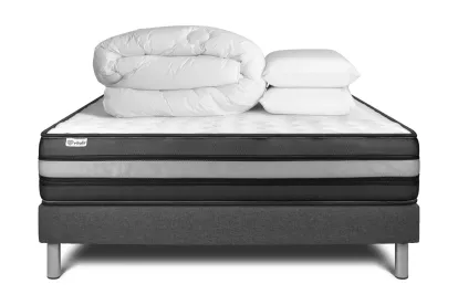 Pack lit complet 140x200 cm - Matelas + Sommier Gris (en kit) + 2 oreillers + Couette - Vital Power Zen