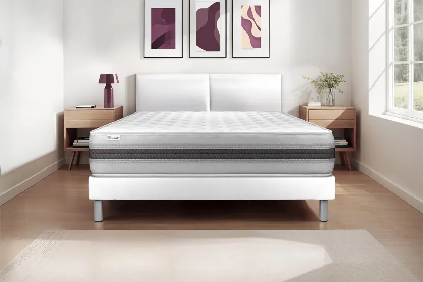 Ensemble Matelas Sommier 135x190 cm - Sommier Blanc (en kit) - Vitalmemo Back