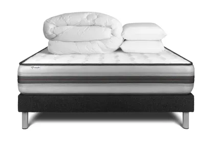 Pack lit complet 140x190 cm - Matelas + Sommier Noir (en kit) + 2 oreillers + Couette - Vitalpower Recover