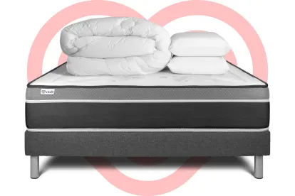 Pack lit complet 140x190 cm - Matelas + Sommier Gris (en kit) + 2 oreillers + Couette - Vital Care