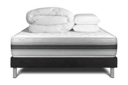 Pack lit complet 160x200 cm - Matelas + Sommier Noir (en kit) + 2 oreillers + Couette - Vitalmemo Back
