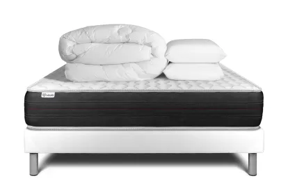 Pack lit complet 160x200 cm - Matelas + Sommier Blanc (en kit) + 2 oreillers + Couette - Vitalspring
