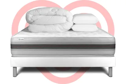 Pack lit complet 200x200 cm - Matelas + Sommier Blanc (en kit) + 2 oreillers + Couette - Vitalmemo Back