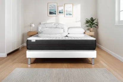 Pack lit complet 140x200 cm - Matelas + Sommier Blanc (en kit) + 2 oreillers + Couette - Vitalspring