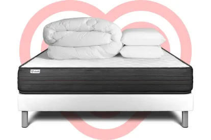 Pack lit complet 140x190 cm - Matelas + Sommier Blanc (en kit) + 2 oreillers + Couette - Vitalpower