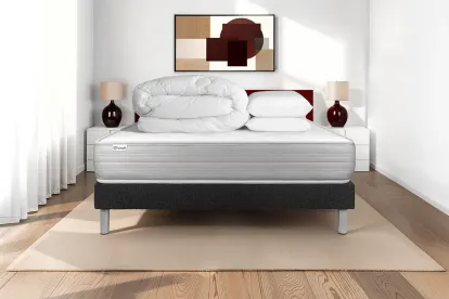 Pack lit complet 180x200 cm - Matelas + Sommier Noir (en kit) + 2 oreillers + Couette - Vitalmemo