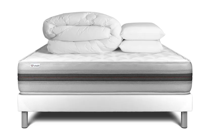 Pack lit complet 140x200 cm - Matelas + Sommier Blanc (en kit) + 2 oreillers + Couette - Vitalmemo Back