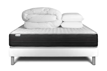 Pack lit complet 140x190 cm - Matelas + Sommier Blanc (en kit) + 2 oreillers + Couette - Vitalmemo One