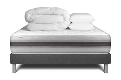 Pack lit complet 180x200 cm - Matelas + Sommier Gris (en kit) + 2 oreillers + Couette - Vitalmemo Back