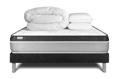 Pack lit complet 180x200 cm - Matelas + Sommier Noir (en kit) + 2 oreillers + Couette - Vital Ergo