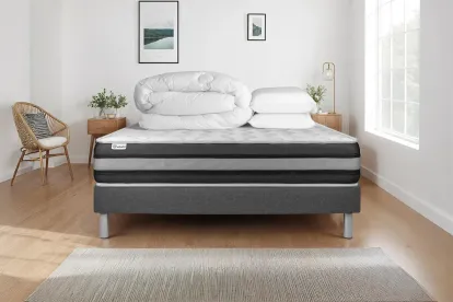 Pack lit complet 200x200 cm - Matelas + Sommier Gris (en kit) + 2 oreillers + Couette - Vitalspring Zen