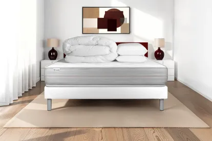 Pack lit complet 140x200 cm - Matelas + Sommier Blanc (en kit) + 2 oreillers + Couette - Vitalmemo