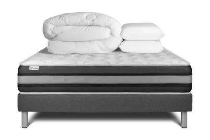 Pack lit complet 140x200 cm - Matelas + Sommier Gris (en kit) + 2 oreillers + Couette - Vitalspring Zen