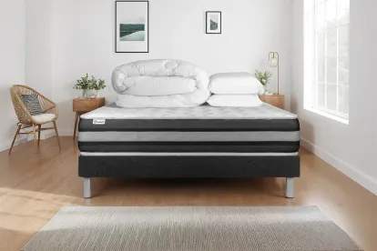 Pack lit complet 140x190 cm - Matelas + Sommier Noir (en kit) + 2 oreillers + Couette - Vitalspring Zen