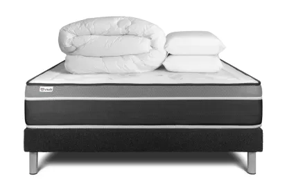 Pack lit complet 140x200 cm - Matelas + Sommier Noir (en kit) + 2 oreillers + Couette - Vital Care