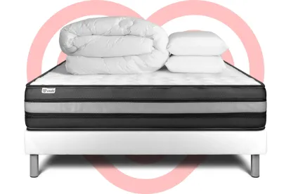 Pack lit complet 140x190 cm - Matelas + Sommier Blanc (en kit) + 2 oreillers + Couette - Vital Power Zen