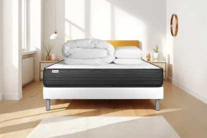 Pack lit complet 200x200 cm - Matelas + Sommier Blanc (en kit) + 2 oreillers + Couette - Vitalpower