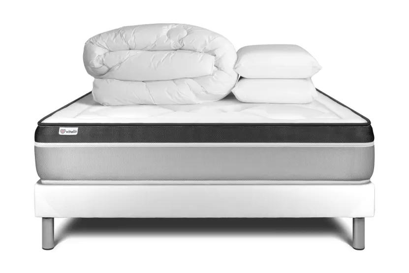 Pack lit complet 140x200 cm - Matelas + Sommier Blanc (en kit) + 2 oreillers + Couette - Vital Ergo