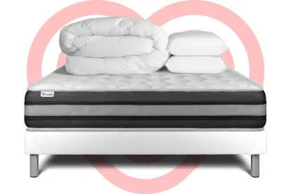 Pack lit complet 140x190 cm - Matelas + Sommier Blanc (en kit) + 2 oreillers + Couette - Vitalspring Zen