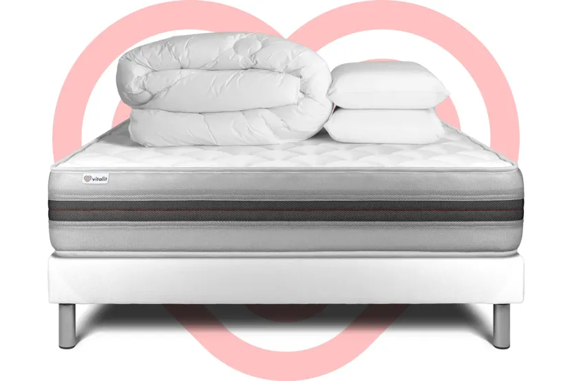 Pack lit complet 160x200 cm - Matelas + Sommier Blanc (en kit) + 2 oreillers + Couette - Vitalmemo Back