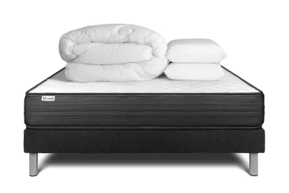 Pack lit complet 140x200 cm - Matelas + Sommier Noir (en kit) + 2 oreillers + Couette - Vitalpower