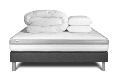 Pack lit complet 200x200 cm - Matelas + Sommier Gris (en kit) + 2 oreillers + Couette - Vital Relax