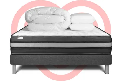 Pack lit complet 140x190 cm - Matelas + Sommier Gris (en kit) + 2 oreillers + Couette - Vital Power Zen
