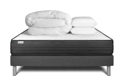 Pack lit complet 180x200 cm - Matelas + Sommier Gris (en kit) + 2 oreillers + Couette - Vitalpower