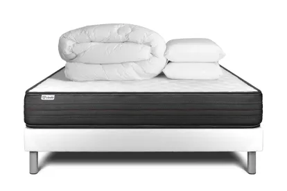 Pack lit complet 140x190 cm - Matelas + Sommier Blanc (en kit) + 2 oreillers + Couette - Vitalpower