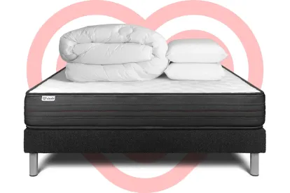 Pack lit complet 200x200 cm - Matelas + Sommier Noir (en kit) + 2 oreillers + Couette - Vitalpower