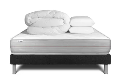 Pack lit complet 140x200 cm - Matelas + Sommier Noir (en kit) + 2 oreillers + Couette - Vitalmemo