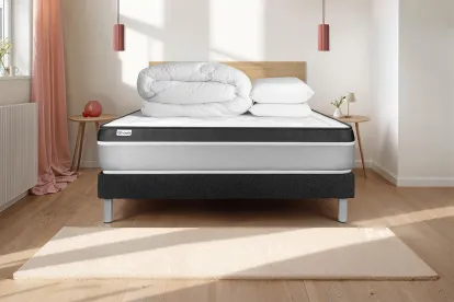 Pack lit complet 180x200 cm - Matelas + Sommier Noir (en kit) + 2 oreillers + Couette - Vital Ergo