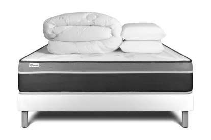 Pack lit complet 140x190 cm - Matelas + Sommier Blanc (en kit) + 2 oreillers + Couette - Vital Care