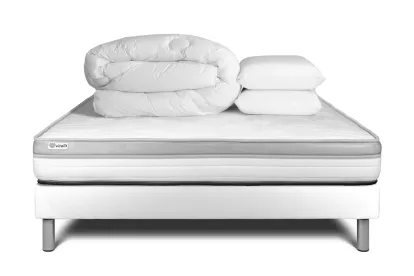 Pack lit complet 200x200 cm - Matelas + Sommier Blanc (en kit) + 2 oreillers + Couette - Vital Relax