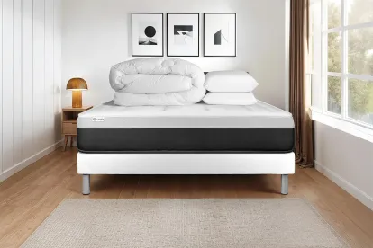 Pack lit complet 200x200 cm - Matelas + Sommier Blanc (en kit) + 2 oreillers + Couette - Vital Form