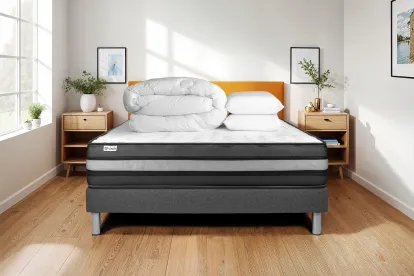 Pack lit complet 140x200 cm - Matelas + Sommier Gris (en kit) + 2 oreillers + Couette - Vital Power Zen