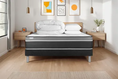 Pack lit complet 200x200 cm - Matelas + Sommier Noir (en kit) + 2 oreillers + Couette - Vital Care