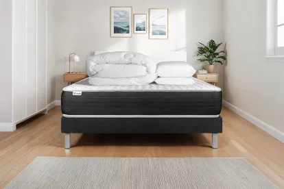 Pack lit complet 180x200 cm - Matelas + Sommier Noir (en kit) + 2 oreillers + Couette - Vitalspring