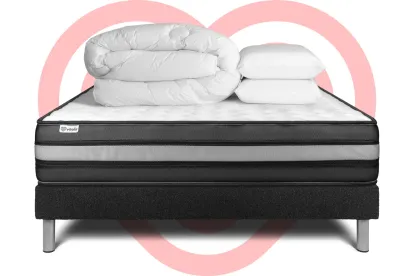 Pack lit complet 180x200 cm - Matelas + Sommier Noir (en kit) + 2 oreillers + Couette - Vital Power Zen