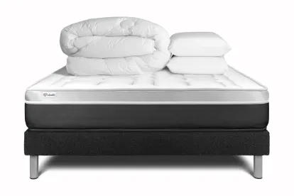 Pack lit complet 160x200 cm - Matelas + Sommier Noir (en kit) + 2 oreillers + Couette - Vital Soft