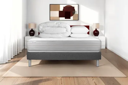 Pack lit complet 200x200 cm - Matelas + Sommier Gris (en kit) + 2 oreillers + Couette - Vitalmemo