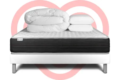 Pack lit complet 140x200 cm - Matelas + Sommier Blanc (en kit) + 2 oreillers + Couette - Vitalmemo One