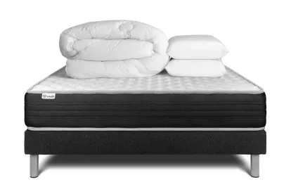 Pack lit complet 140x200 cm - Matelas + Sommier Noir (en kit) + 2 oreillers + Couette - Vitalmemo One